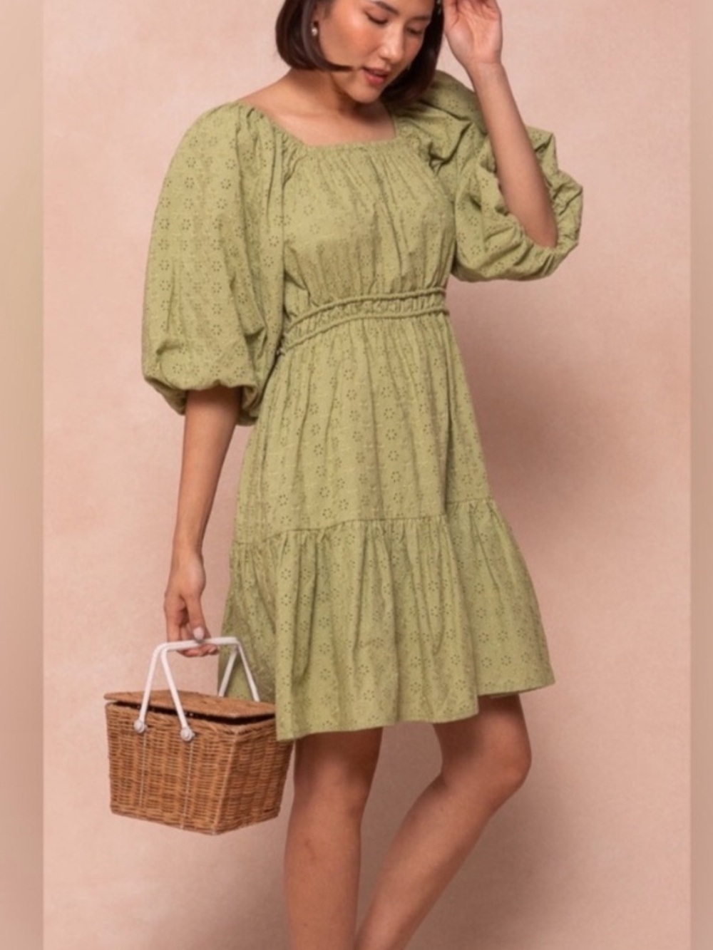 Ivy City Co. Kinsey Sage Green Eyelet Puff Sleeve Mini Dress, Size S